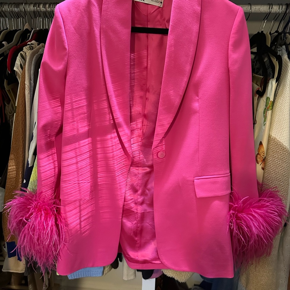 Zara Vibrant Pink Feather Cuff Blazer size XS